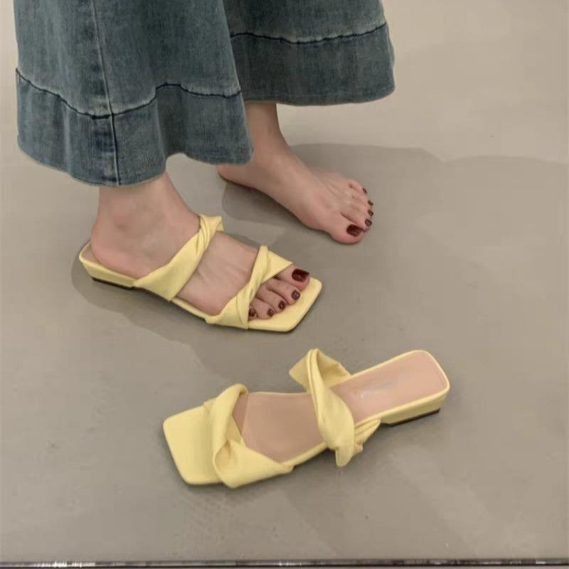 

Fashion New Style Designer Summer Butterfly-knot Lace Women Slippers Casual Thick Low Heel Dress Street Style Slides Zapatos Mujer 40 жёлтый