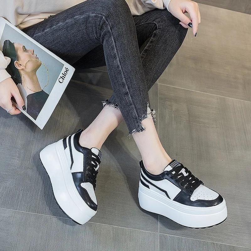 Fashion 8cm Cow Genuine Leather Autumn Spring Platform Wedge High Fashion Breathable Sneakers Chunky Casual Women Moccasins Shoes