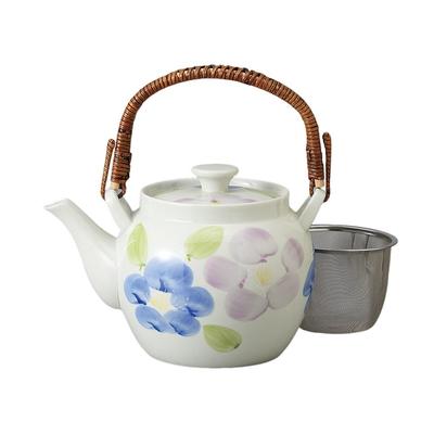 Ale-net Teapot (Stainless Steel with Strainer), 1250cc, Two-Colored Flower Design with Basket Mesh, No. 8 Teapot, Porcelain, Stylish