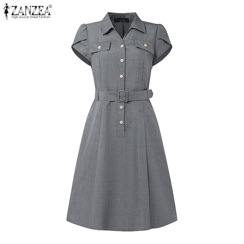 ZANZEA Women Classic Collar Summer Casual Short Sleeve Dress