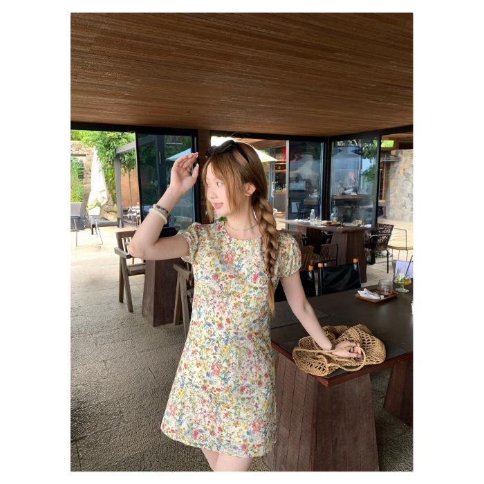 Liu Yifei sweet wind floral short-sleeved dress for women s summer age-reducing waist short skirt S