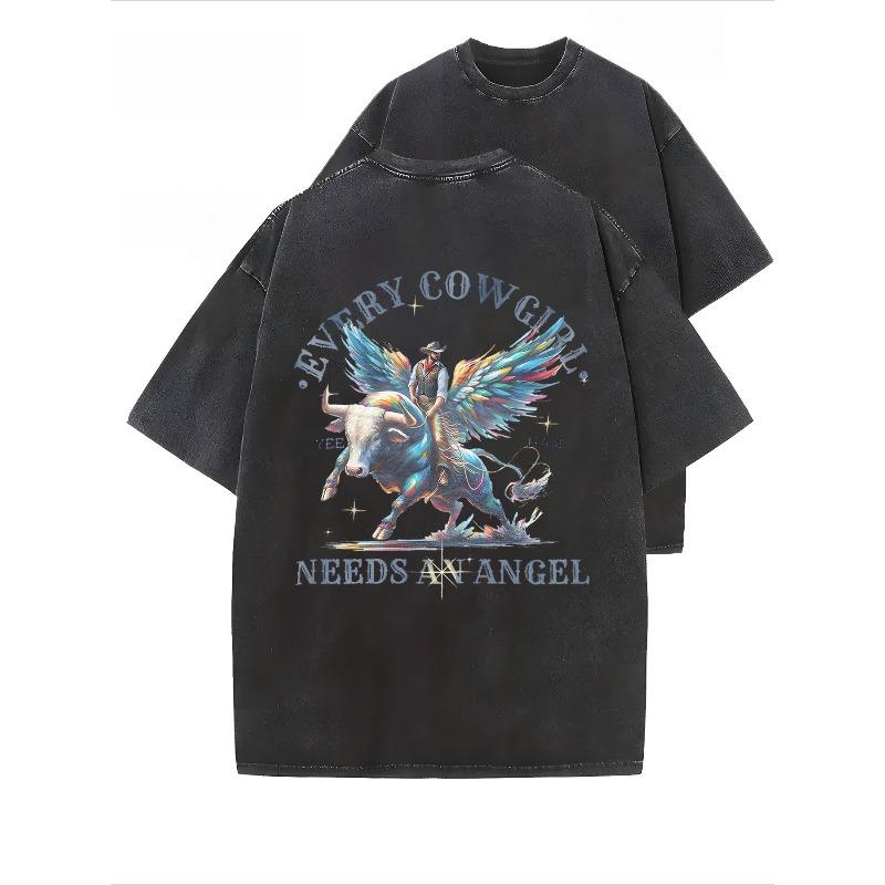 

European Size Washed Printed T-Shirt , Every Cowgirl Needs an Angel, Washed Printed T-Shirt , High-Quality Batik Cotton Retro Fashion Brand T-Shirt 5XL чорний