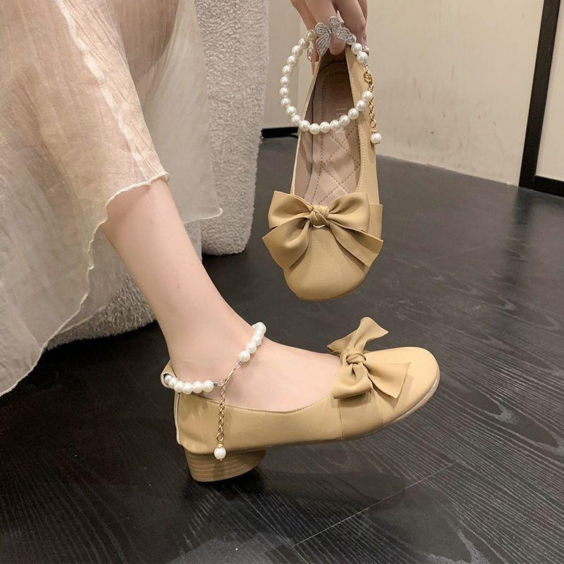 Bow Pearl Chain Mary Jane Small Leather Shoes Summer Korean Version Sweet Small Fragrant Soft-soled Single Shoes