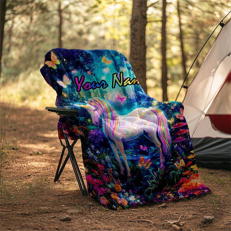 1PC Custom Name Unicorn Fantasy Garden outdooor Flannel blankets Patterns Throw Blanket All-Season Soft Gift for Couch, Bed, Camping gifts