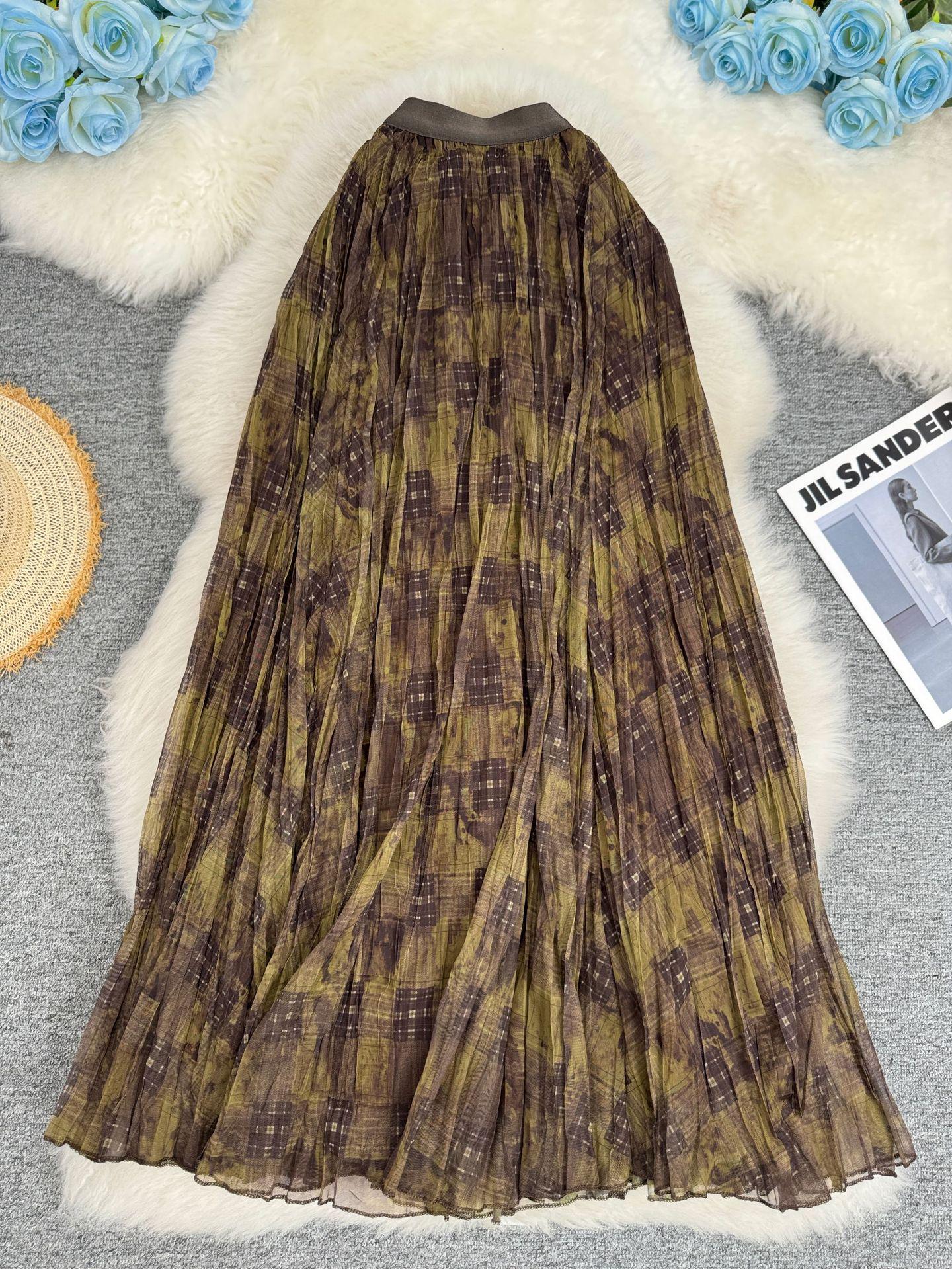 

Retro Artistic A-Line Plaid Mesh Midi Skirt One Size кавовий