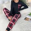 Women Plaids Patterned Loungewear 2 Pieces Outfits Long Sleeve Pajamas Tops and Long Pants Summer Sleepwear Nightwear