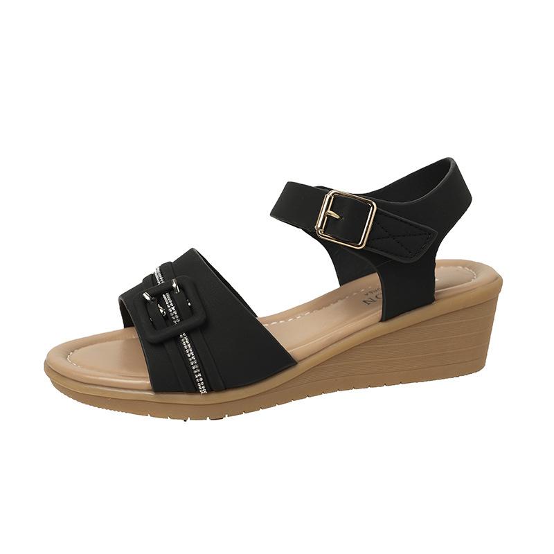 2025 new summer simple mid-heel wedge heel exquisite rhinestone one-word buckle comfortable casual sandals women's shoes