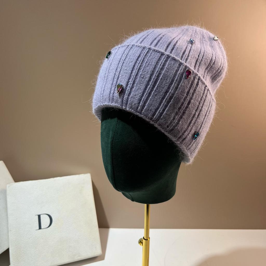 [Rabbit Fur] Water Drop Diamond Plush Knitted Hat, Winter Sweet Colored Diamond Plush Warm Soft Waxy Ear Protector Cold Hat