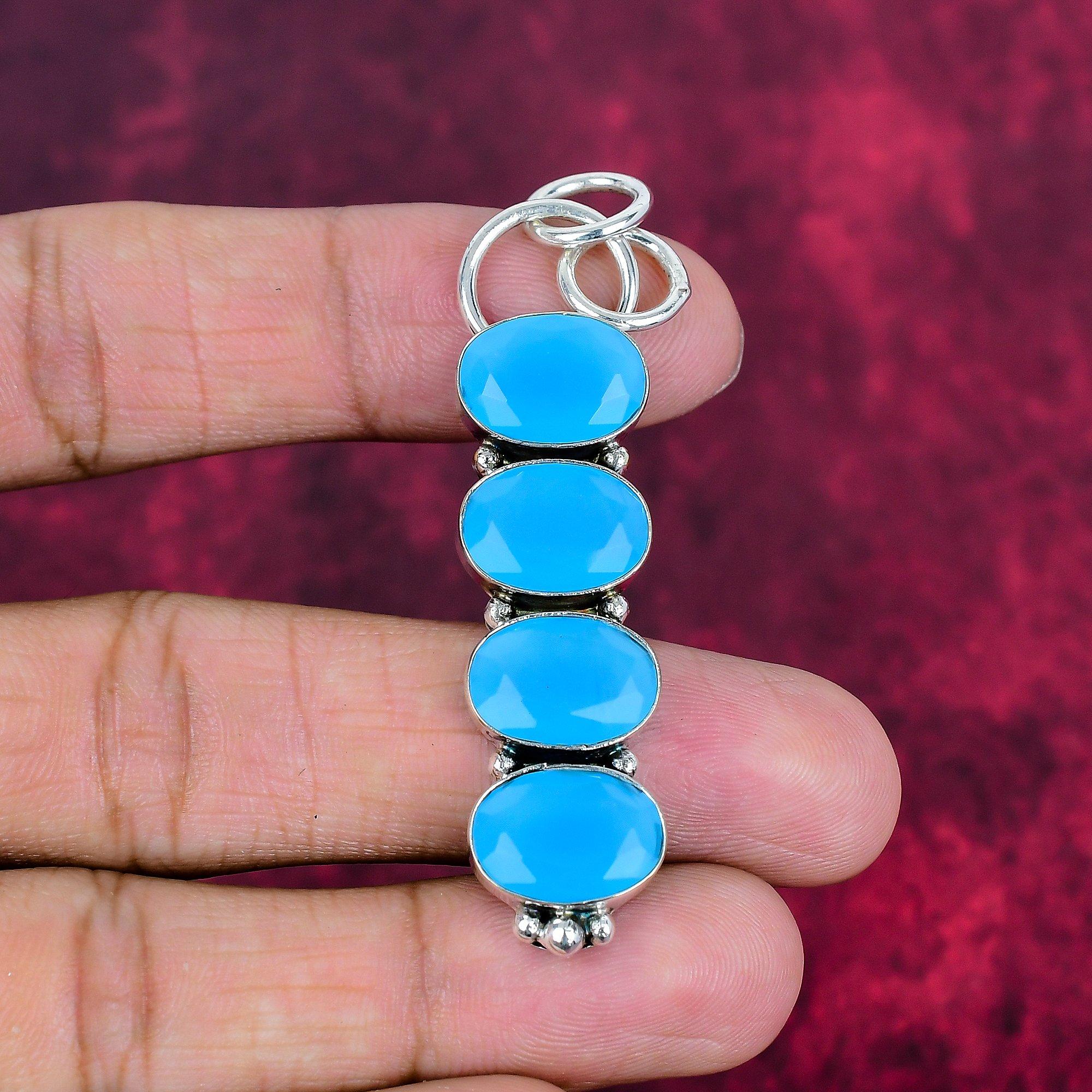 

Подвеска из чистого серебра 925 пробы с синим халцедоном, ювелирные изделия с подвеской из драгоценных камней ручной работы, подарки для жены, абсолютно новый кулон 2.63 Inches синий