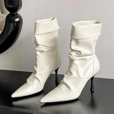 Herbst Design Plissierte Damen Stiefeletten Sexy Dünne Hohe Absätze Spitzschuhe Moderne Kurze Botas Mujer