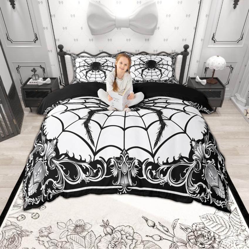 Homewish Spider Web Duvet Cover Set, Happy Halloween Theme Bedding Set, Reversible Comfoter Cover Set