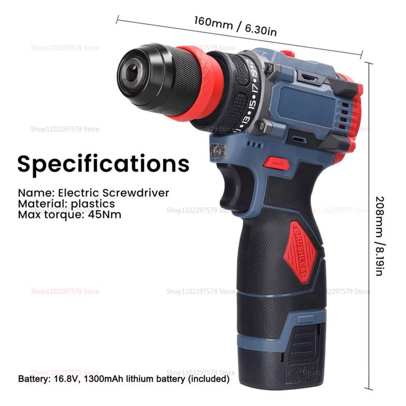 2 In 1 Lithium Brushless Cordless Drill and Electric Screwdriver Multi-Function Power Tool for Home Renovation Furniture Assembl