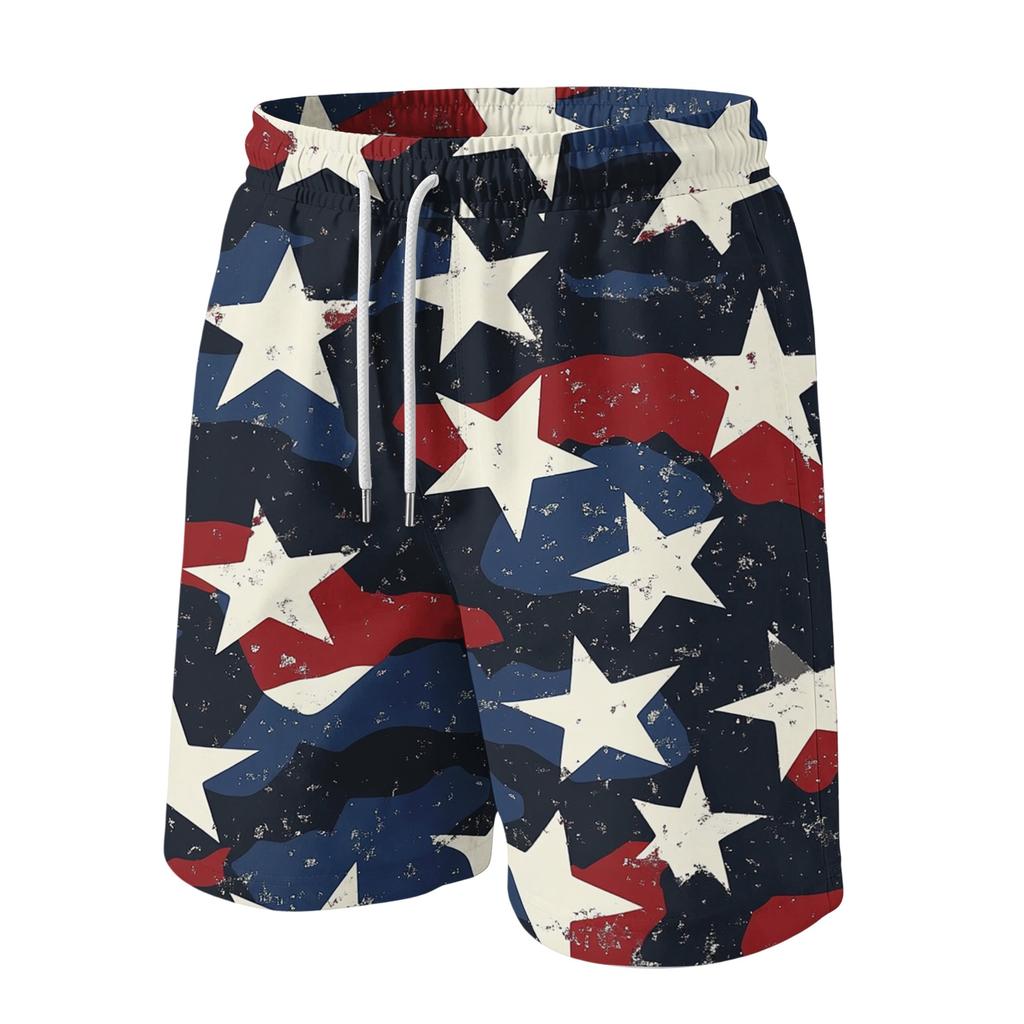 Men's Casual Drawstring Waist Shorts with Star and Wave Print Lightweight Summer Beach Shorts for Everyday Wear