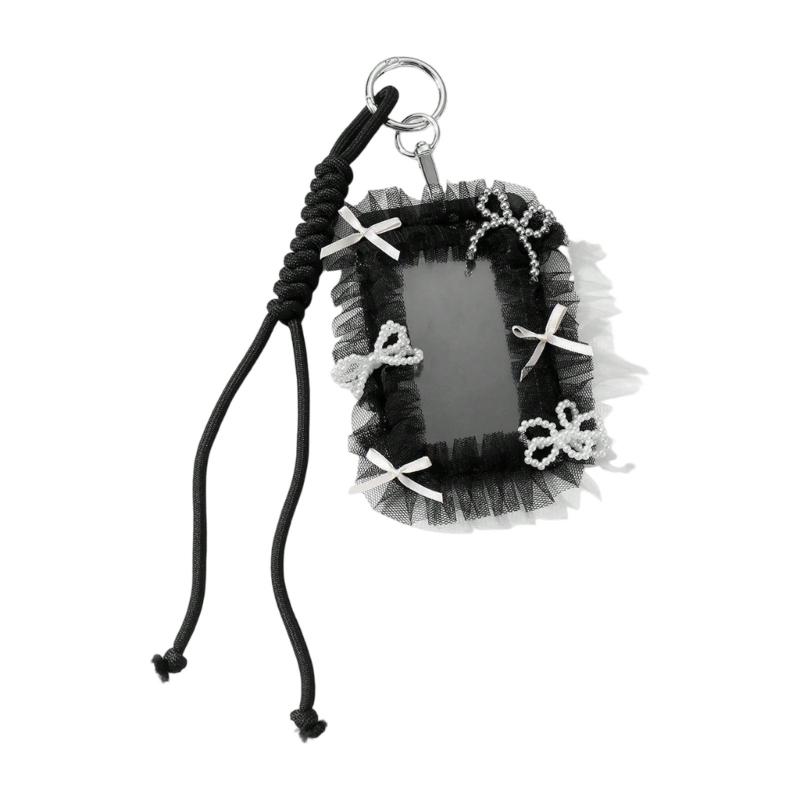 Elegant Badge Holder Gothic Bowknot Keychain Beaded Lace Card Charm Accessory Alternative Fashion Keyring