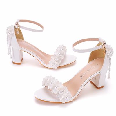 7cm Square Heel Thick Heel Shallow Mouth One-strip Sandals Beaded Tassel Flowers Bride Wedding Photography High Heel Sandals
