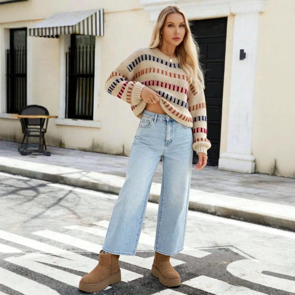 Wish Spring Women's Off-White Striped Loose Knit Round Neck Sweater