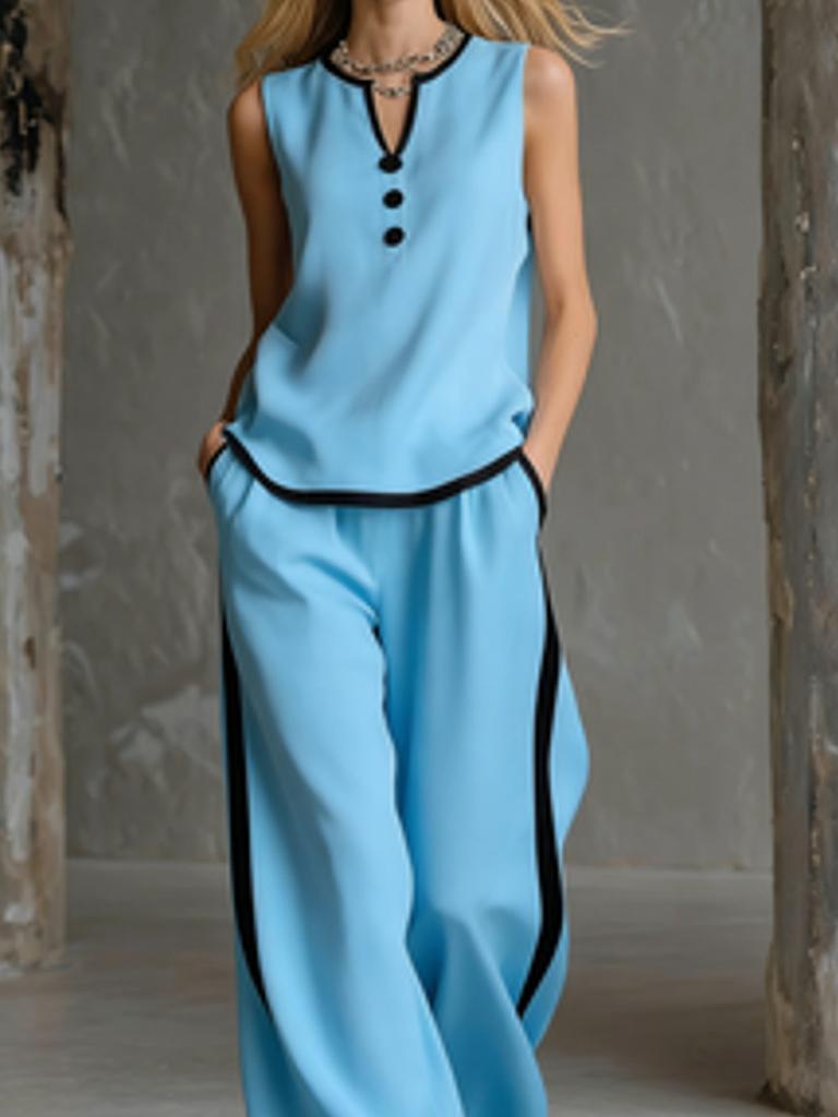 Summer Sleeveless V-Neck  Black Trim Color Block, Simple and Elegant; Wide Leg Pants Style, High-Rise Slim Fit