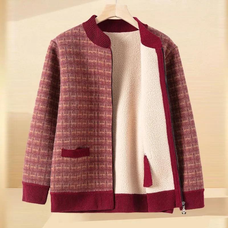 Grandma Velvet Top Middle-aged Women Zipper Cardigan Jacket