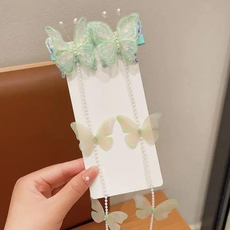 2pcs Children's Pearl Butterfly Braided Hairpin Sweet Tassel  Hair Rope Princess Headwear Girls Kids Hair Accessories