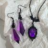 Gothic Black Bat Pendant Necklace With Faux Amethyst Drop Earrings Jewelry Set, Dark Witch Style, Perfect For Halloween Party We