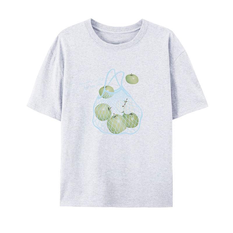 

Женская футболка с коротким рукавом с принтом зеленого яблока Новая женская модная футболка с круглым вырезом Летний повседневный свободный и удобный женский пуловер XXXL серый