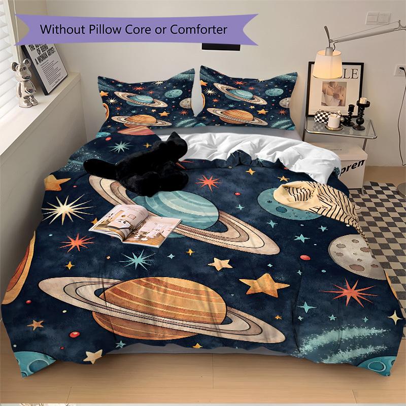 3pcs Galaxy Planets Bedding Set, Includes Without Pillow Inserts, Soft Comfortable Bedding Set,All-Season Use a0924076