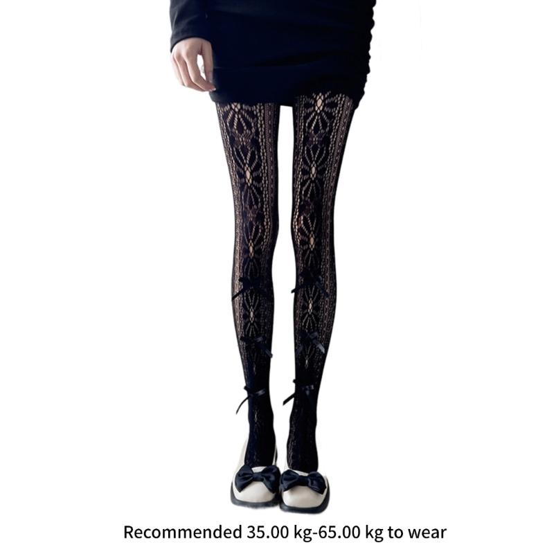 Women Hollow-Out Sheer Fishnet Pantyhose Japanese Style Sweet Bowknot JK Floral Lace Patterned Leggings Mesh Tights