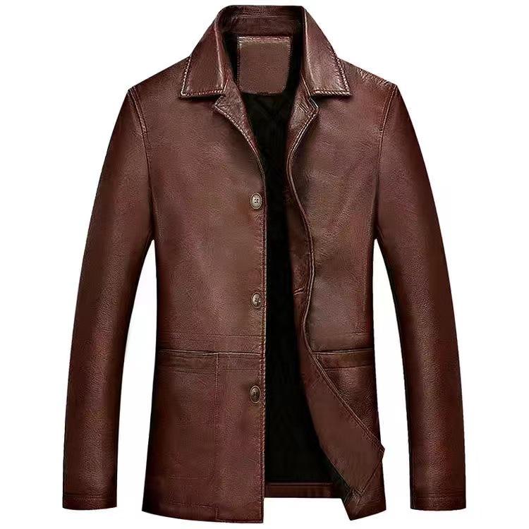 Men s large-sized leather jacket with a double collar and a large leather pocket - motorcycle-style suit with a double collar M