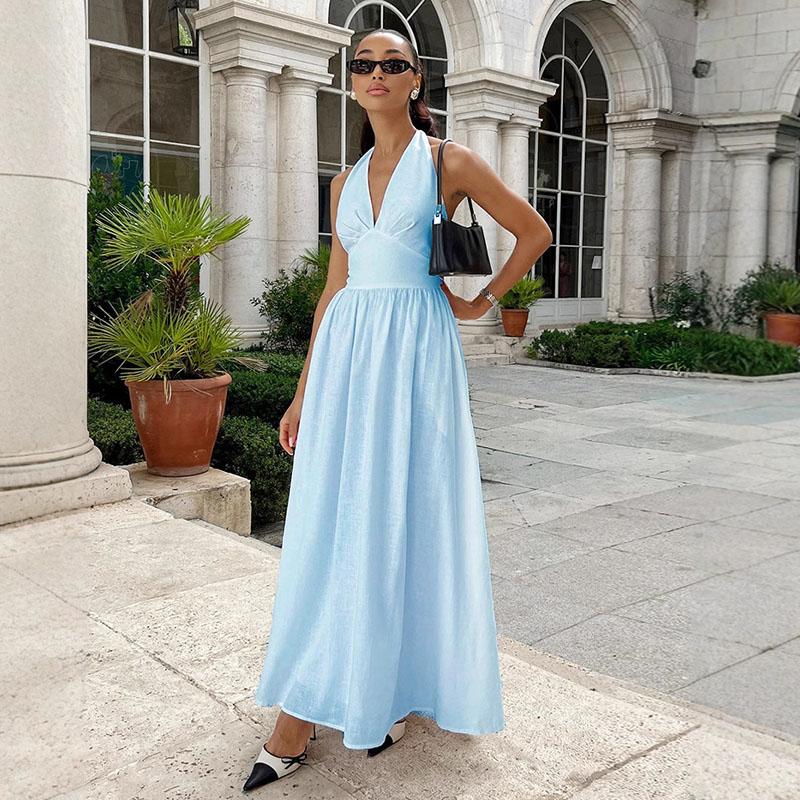 Bílé bavlněné halter šaty s výstřihem do V, sexy odhalená záda, dámské šněrovací A-line šaty, top v pase, velká sukně, módní plážové šaty na dovolenou, léto nové