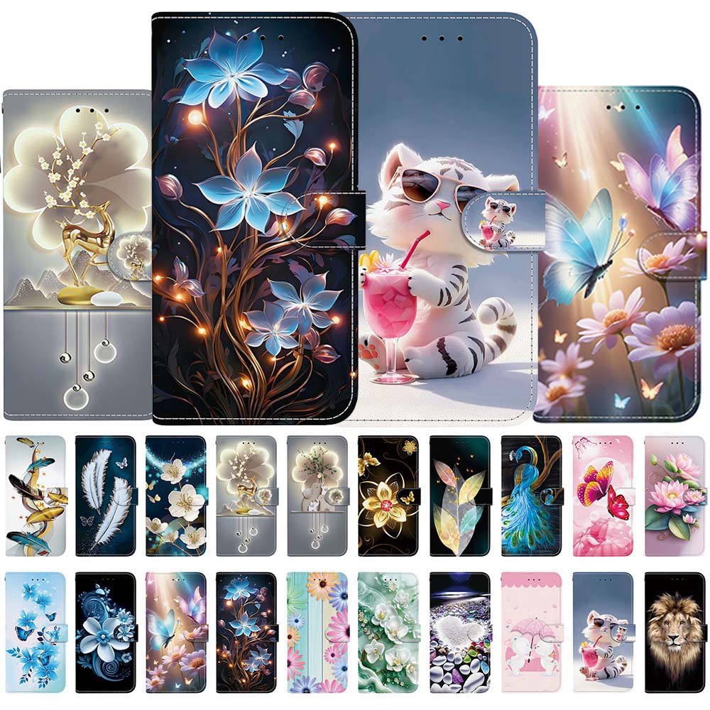 Cute Painting Leather Flip Phone Case For Samsung Galaxy S22 S23 FE S24 Plus S25 Ultra Flower Butterfly Wallet Stand Back Cover