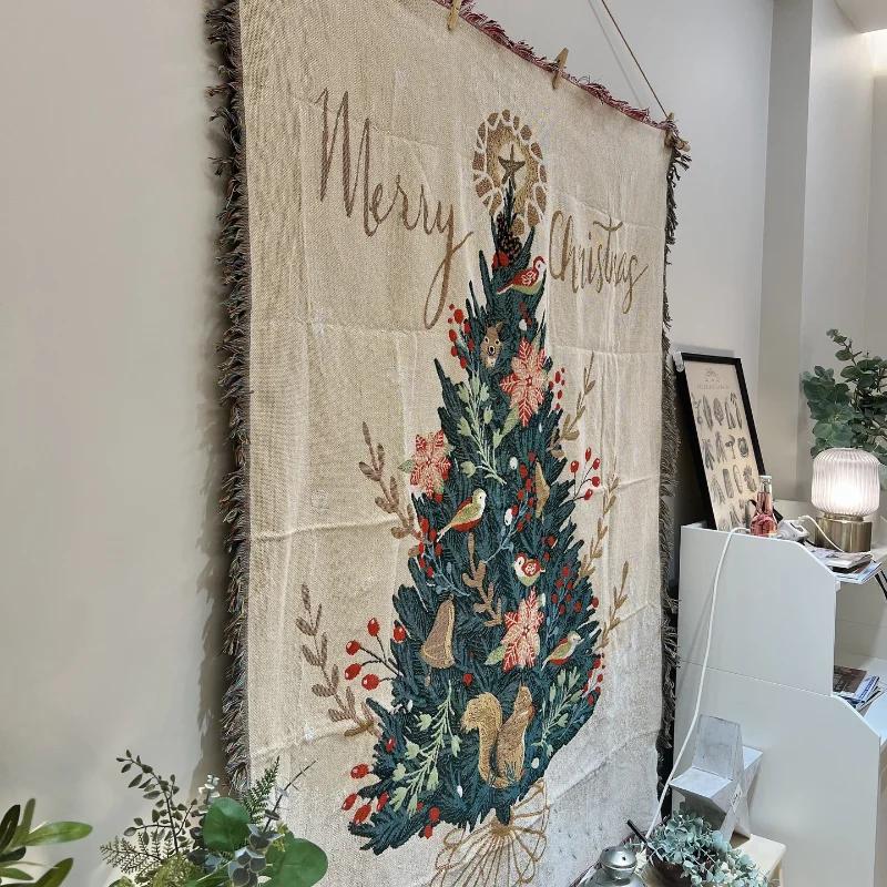Textile City Merry Christmas Squirrel Pine Tree Tapestry Jacquard Throw Blanket Dust Proof Sofa Cover Home Decorative Textile