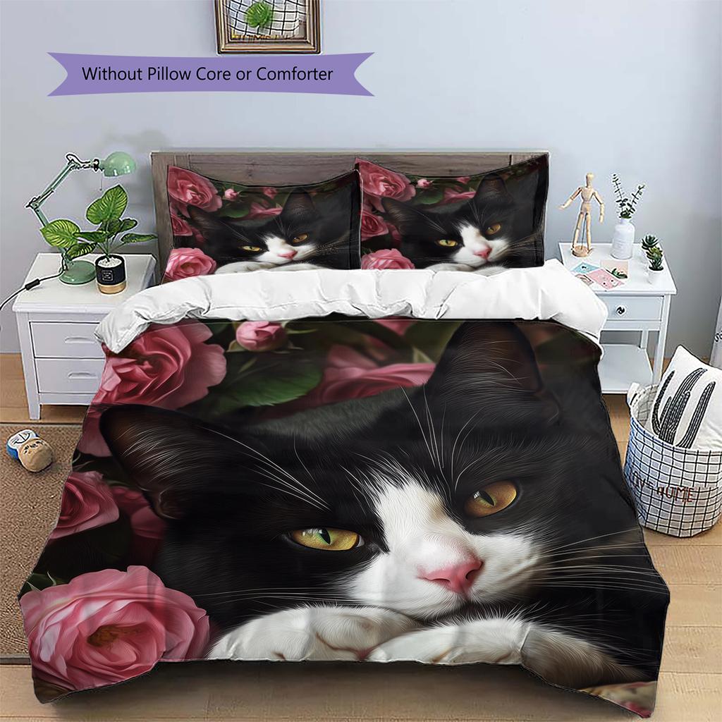 Cow Cat and flowers Pattern Bedding Home Decoration Birthday Gift (1 * duvet cover + 2 * pillowcase, without core)