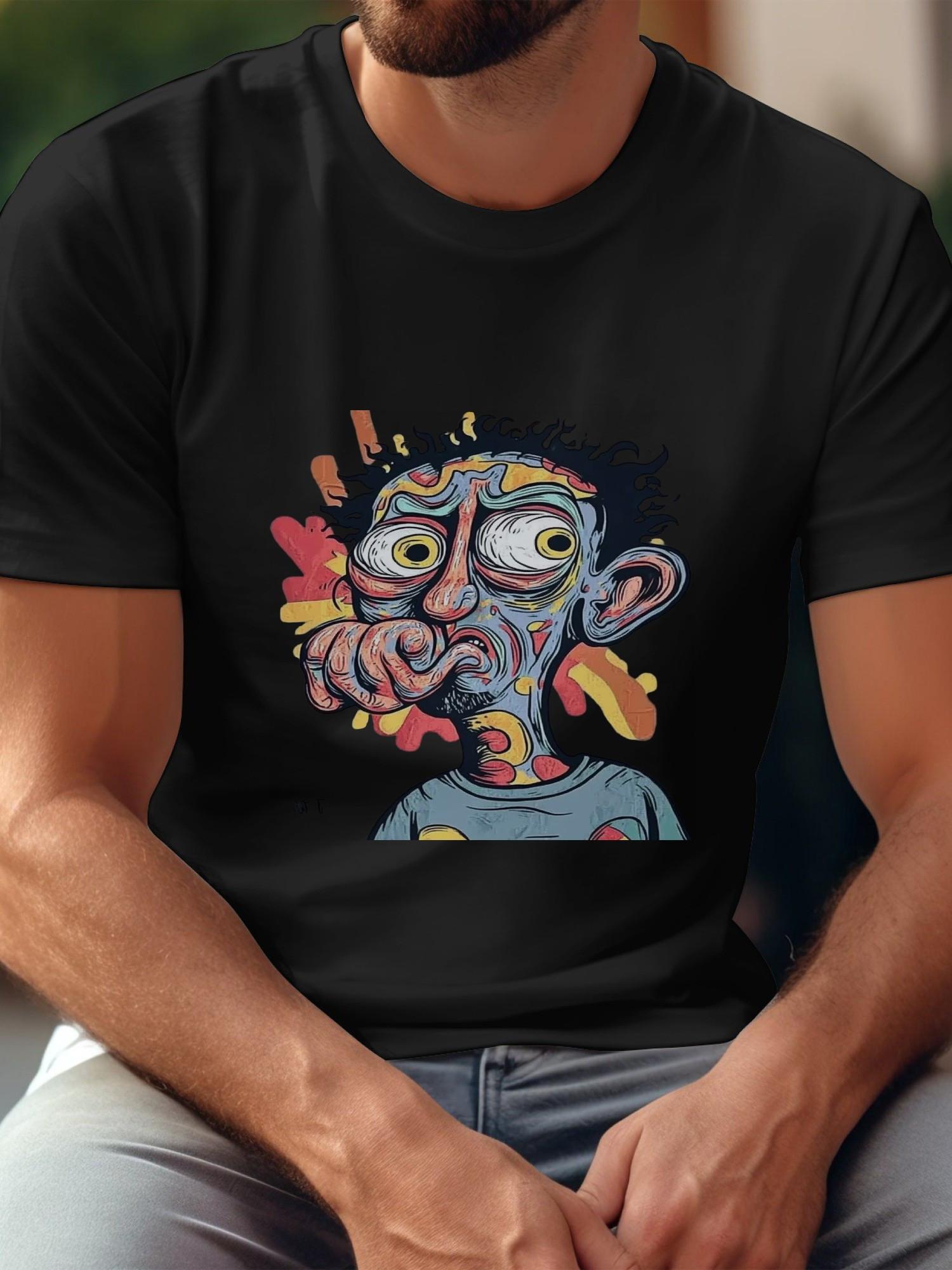 Casual Graphic T-shirt - 180g Cotton Crew Neck Short Sleeve with Vibrant Grotesque Cartoon Graffiti Print L