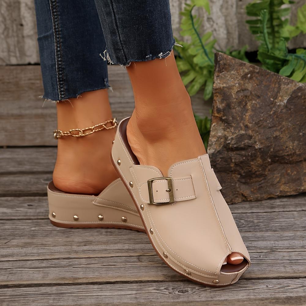 Women's Beige Wedge Sandals - Comfortable Open-Toe Slip-On Clogs with Buckle Straps & Studded Sole, Casual Summer Platform Shoes in Red, Black, or Tan