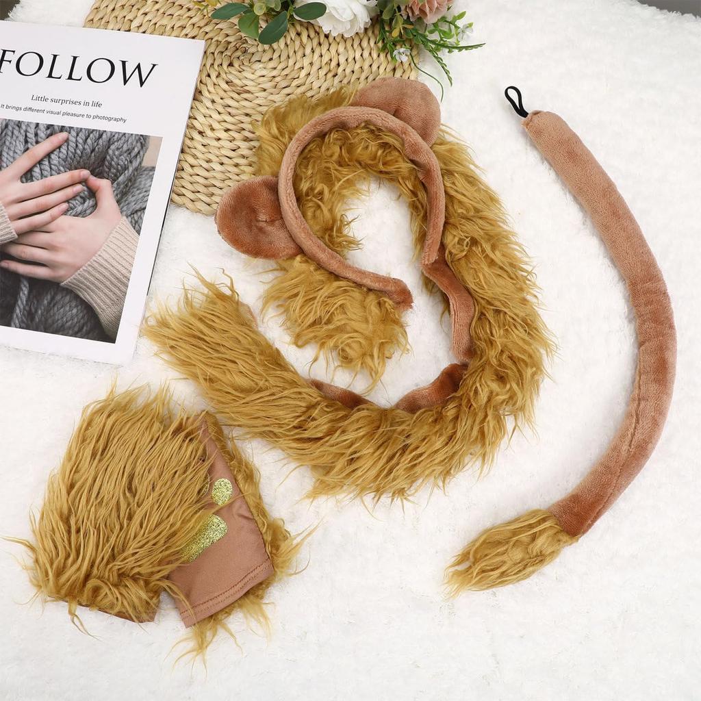 Generic Lion Design Cosplay Set for Hair Lion for Costume and Birthdays Kids, Hoop, Gloves, Tail, Brown, Parties, Halloween,