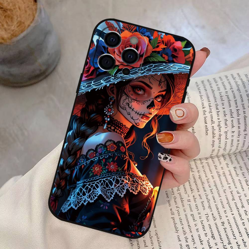 

Mexican Catrina Skull Girl Phone Case For iPhone 17, 16,15,14,13,12,11 Plus,Pro Max, Others Soft Black Cover iPhone16Pro