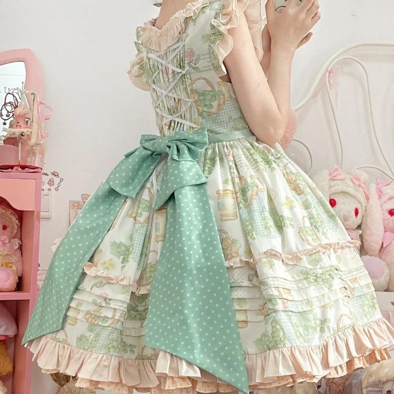 Japanese Kawaii Lolita Jsk Dress Women Victorian Retro Ruffle Grape Print Bandage Bow Trailing Princess Dresses Party Mini Dress