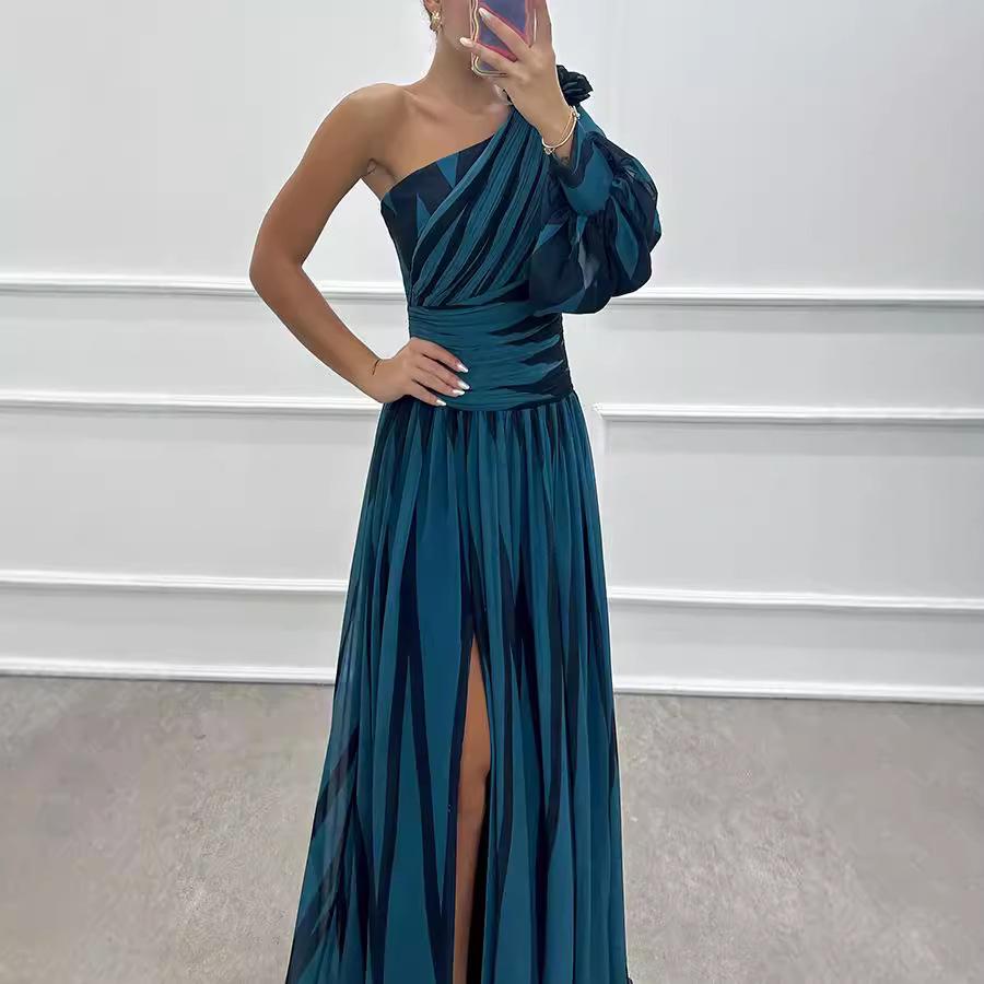

2026 European One-Shoulder Split Maxi Dress - Spring & Autumn Casual Party Wear Large темно-синього кольору