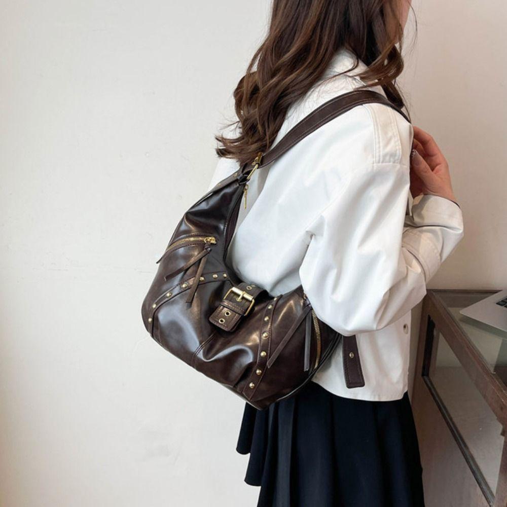 Oil Wax LeatherRetro American Style Locomotive Style Underarm Bag Y2K Shoulder Bag Travel
