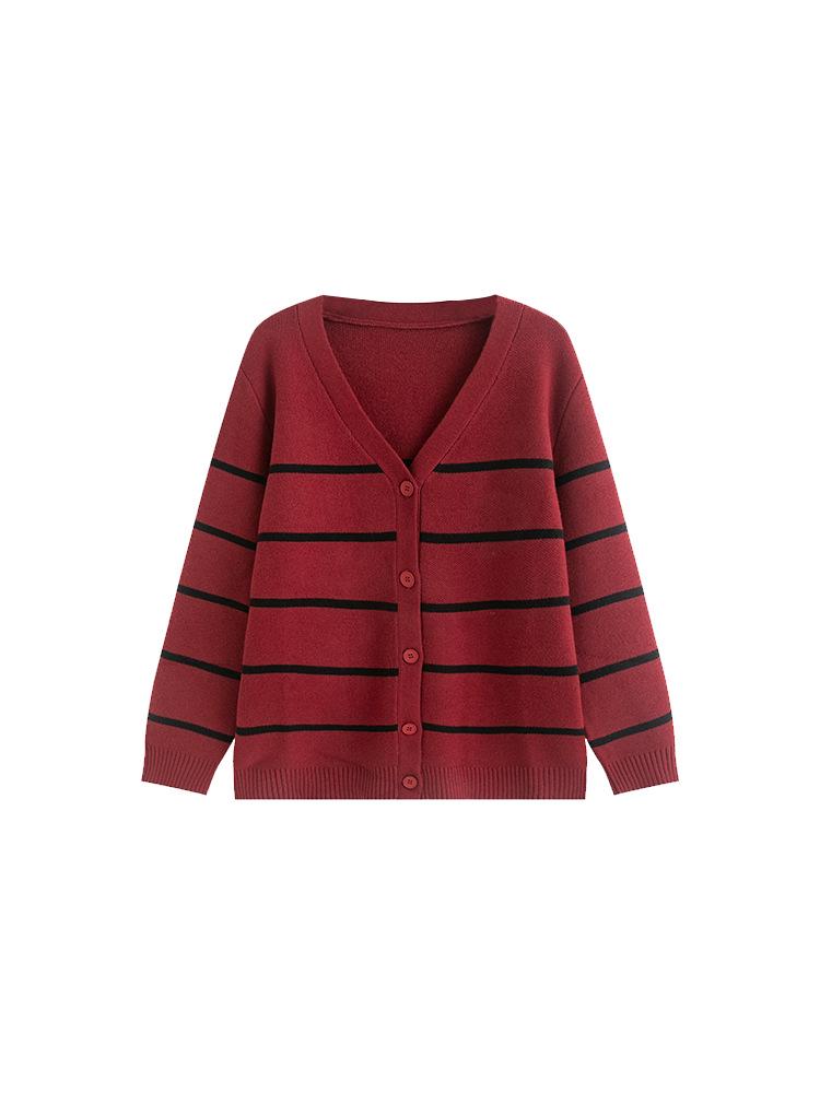 Plus Size Women's V-Neck Color Block Stripe Knit Cardigan - Loose Casual Winter Style