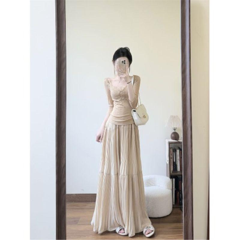 

Kumikumi Нежный костюм Кружевной Топ с длинными рукавами Женское нижнее белье Бандо Осень Драпированная юбка Набор из трех предметов Curry Tops plus bra S