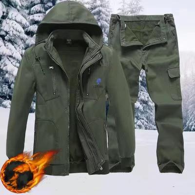 Pánská podzimní outdoorová souprava Zimní outdoorová fleecová bunda s kapucí, 2dílná souprava top+kalhoty s kapucí