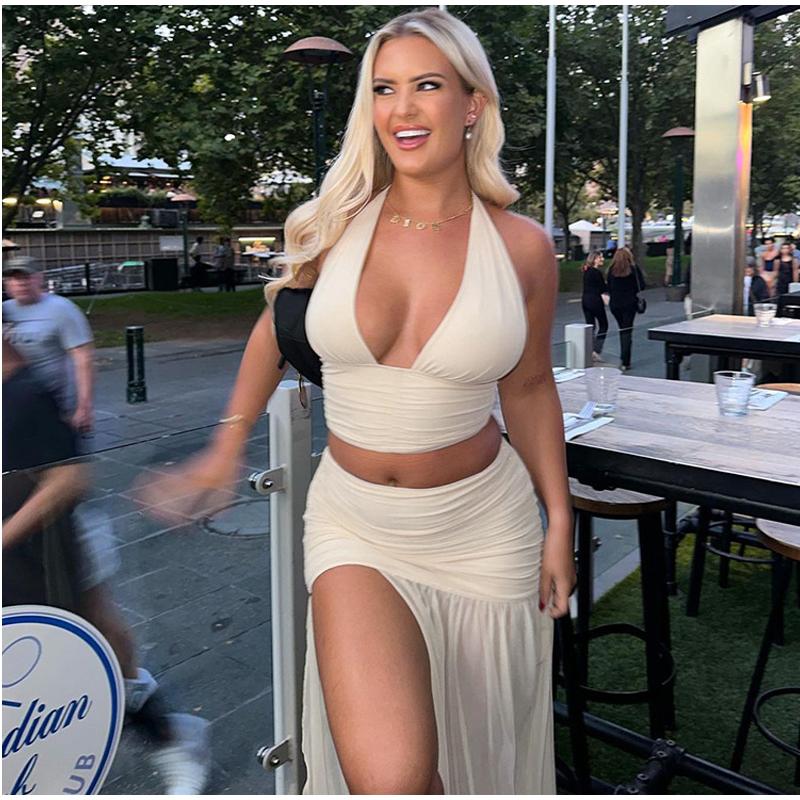 2025 Summer Elegant 2 Piece Set Women Sexy Mesh Lace-Up Backless Cropped Top and Pleated Split Skirt Streetwear Casual Suits