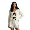Womens V-Neck Knit Sweater With 3D Bow Detail Loose Fit Casual Pullover In Arctic Fleece S M L