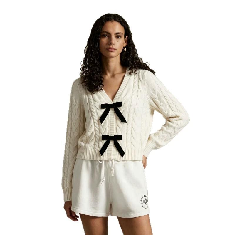 Womens V-Neck Knit Sweater With 3D Bow Detail Loose Fit Casual Pullover In Arctic Fleece S M L