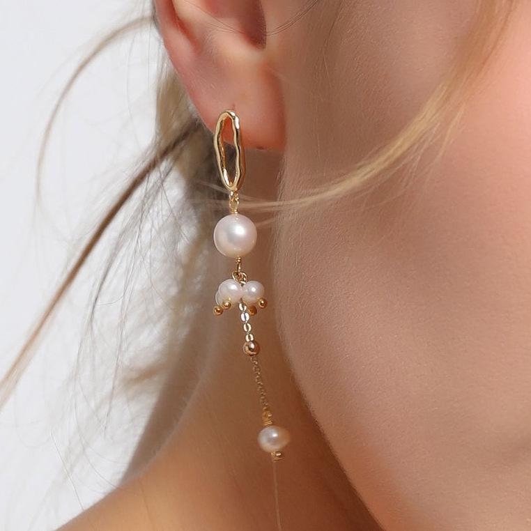 Natural Freshwater Pearl Pendant Tassel Earrings for Women, S911 Silver Fungus Needle Flower Cluster Light Luxury Niche Design Earrings