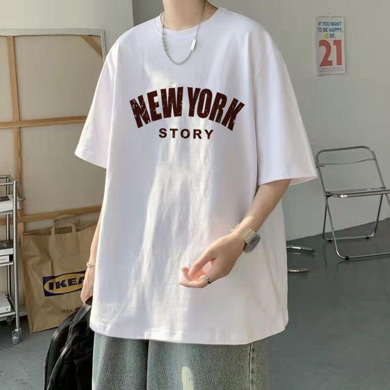 Unisex Retro White New York Story Print Crew Neck Short Sleeve T Shirt S