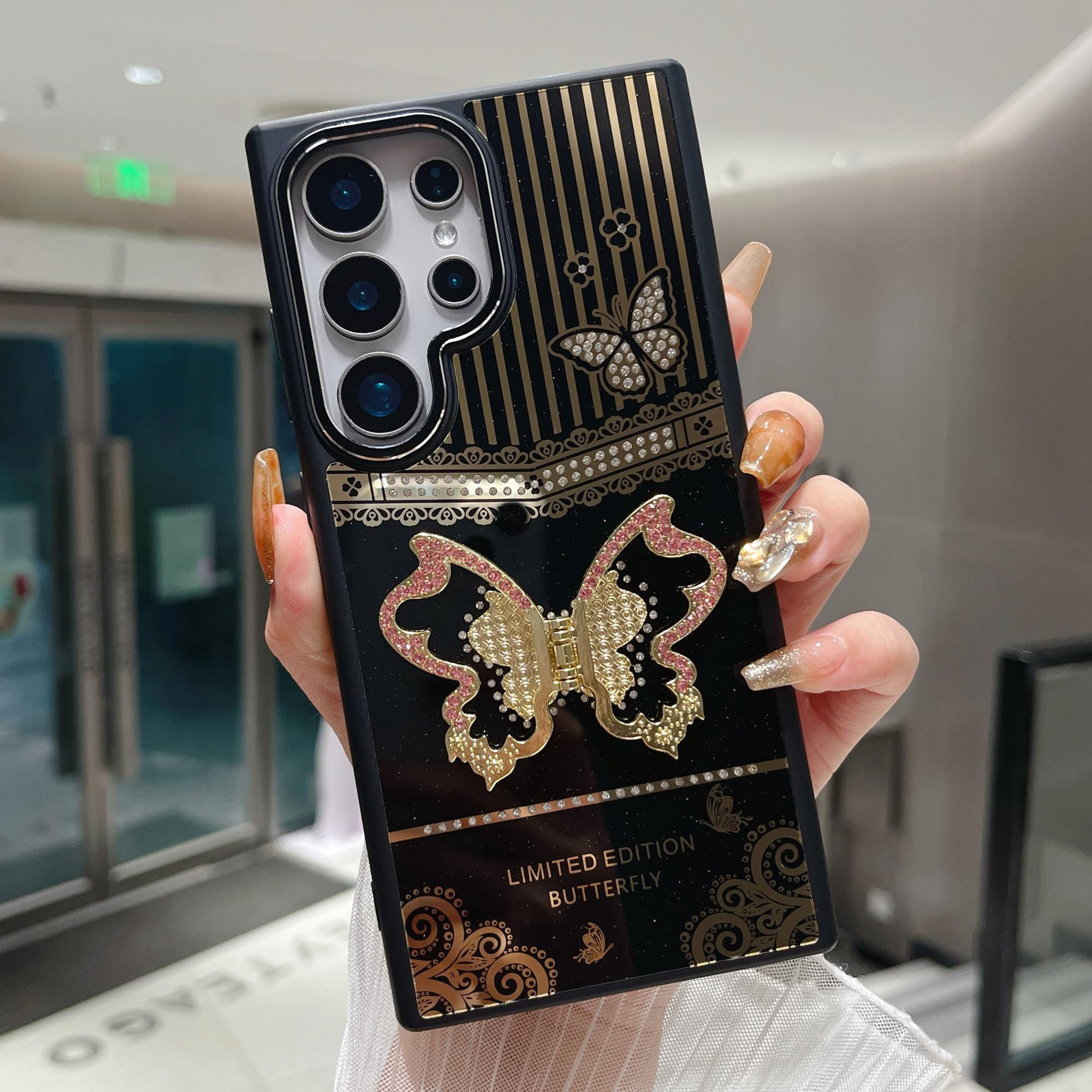 

For Samsung Galaxy S25 Ultra Case Butterfly Kickstand TPU+PC Phone Back Cover Rhinestone Decor Black