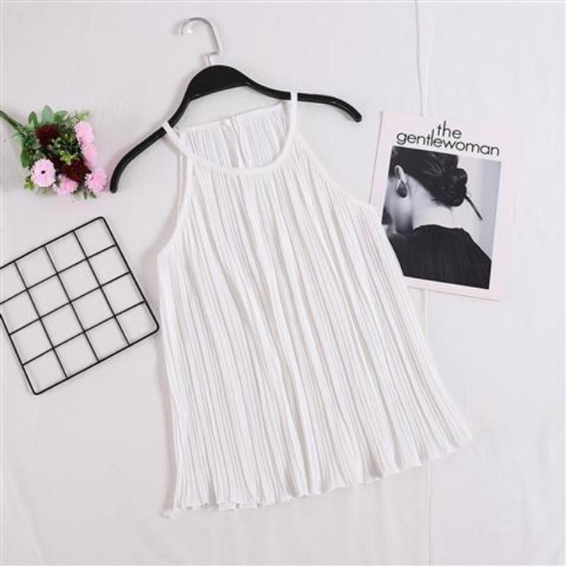 

Летний ретро простой плиссированный топ-халтер для женщин свободный шифоновый топ без рукавов One Size белый