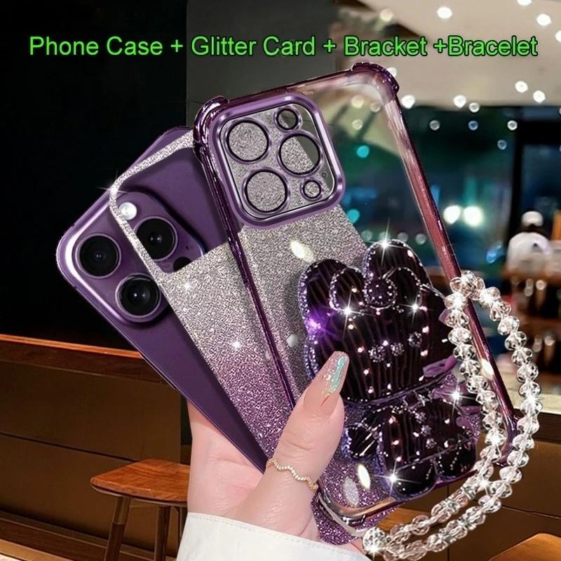 For Honor Magic 7 6 5 4 Lite 3 Pro Plating Four Corners Anti-fall Silicone Soft Case Mirror Rabbit Stand Clear Bead Chain Cover